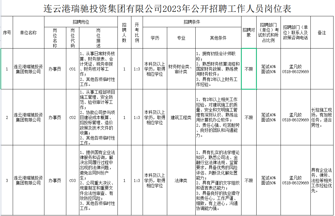 连云港瑞驰投资集团有限公司2023年公开招聘岗位表